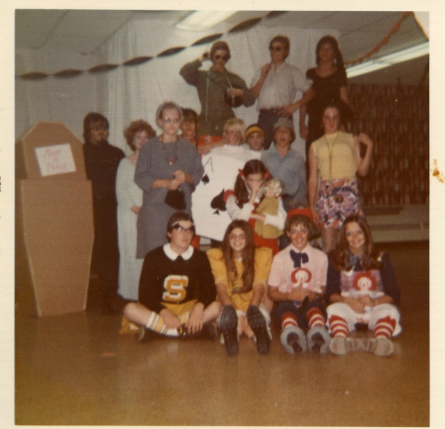 FUMC Youth Group Halloween Party Front Row Larry Ice, Laine ?, John and Linda Ice.  Row 2: Mike and Karen Biscay, Jane Reber, Jeff Browne, Becky Wagner, Sharon Bouldin, unknown boy, Tom and David Fitkin.  Row 3: Ron Browne, Dean Hein, Brett Sarmento